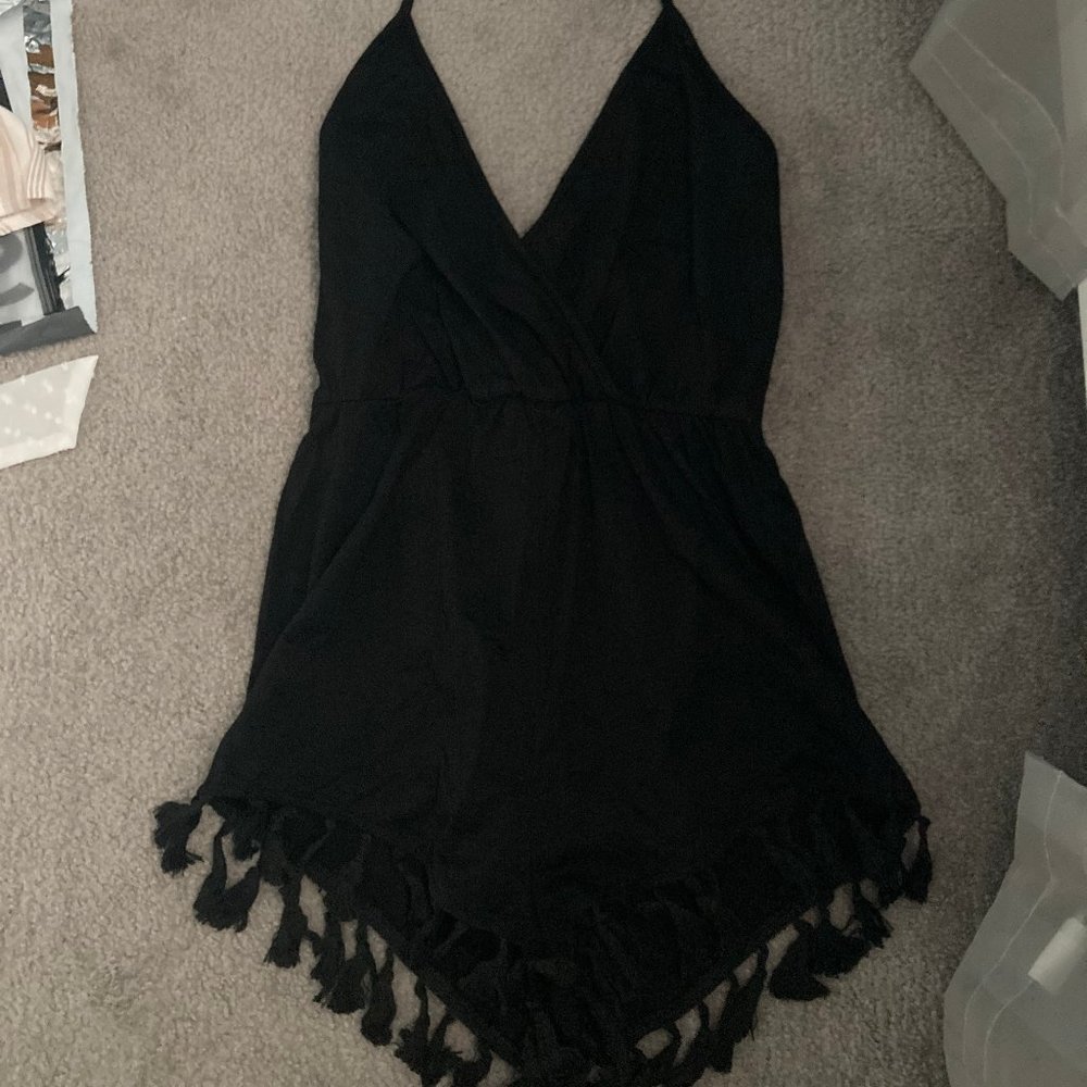 Tie Back Halter Romper with Tassel edge